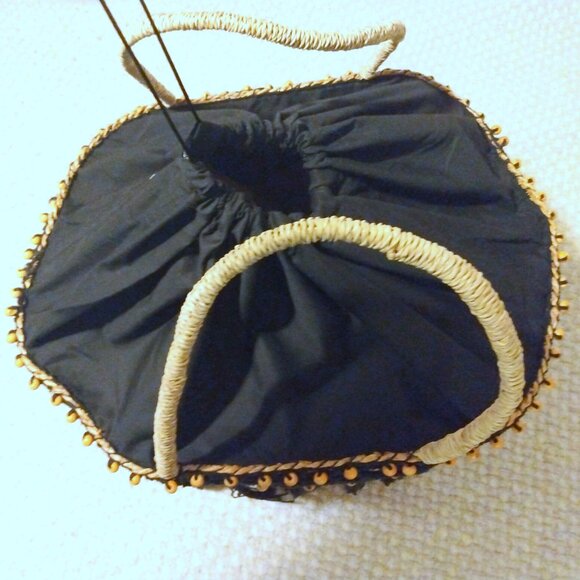 Handmade Braided Straw Basket Tote Boho Crochet Beaded Trim Drawstring Bag - Picture 8 of 10